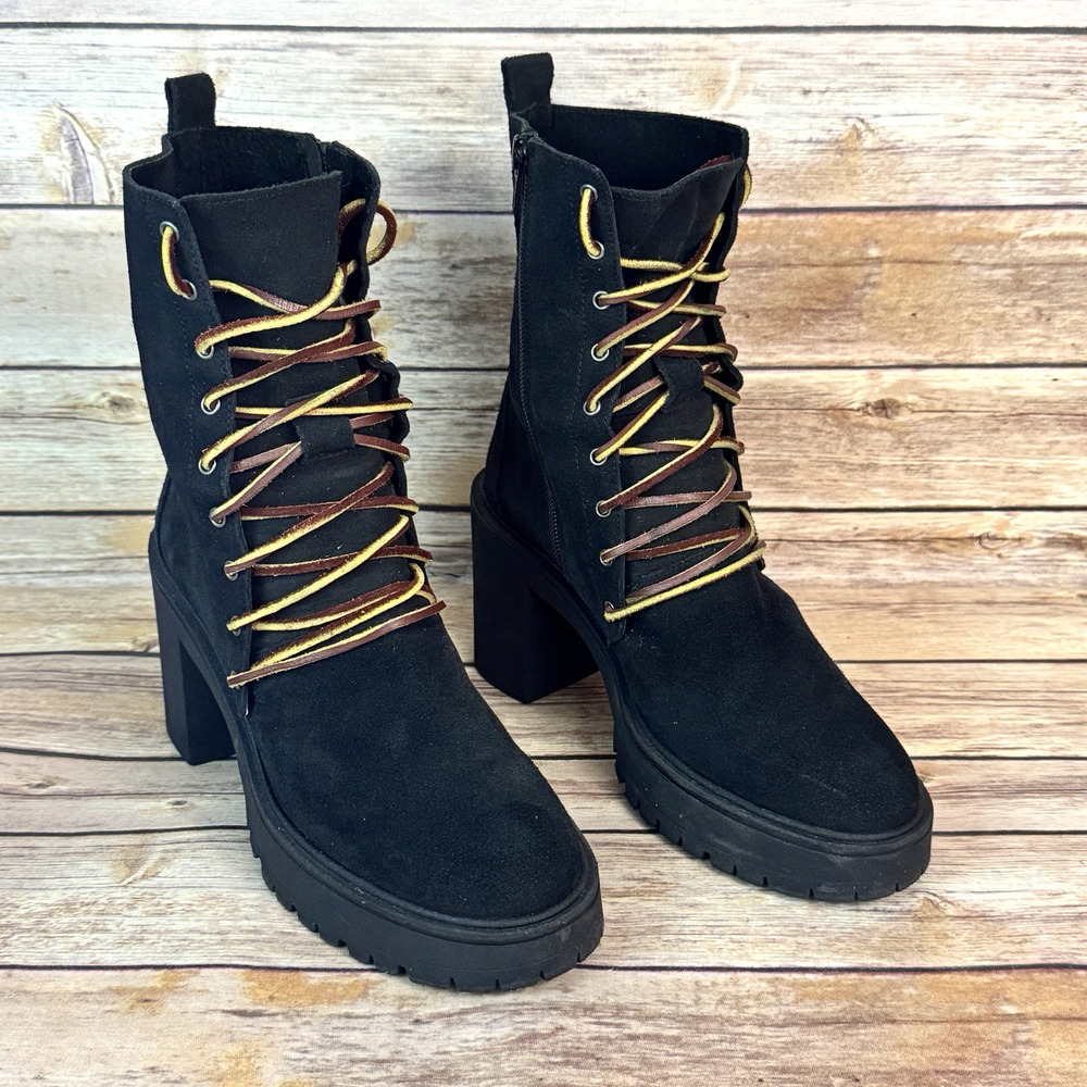 Free People Womens Black Suede Dylan Lace Up Chunky Heel Boots 37